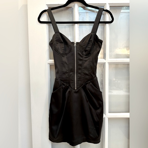 Betsey Johnson Dresses & Skirts - Vintage Y2K Betsey Johnson Black Satin Corset Front Zip Mini Dress Size 2 XS